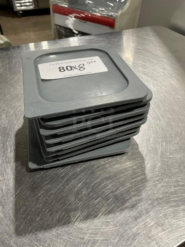Vigor commercial gray squared food storage container lids, new condition, stack of 8, with "80x8 QTY" label on top.