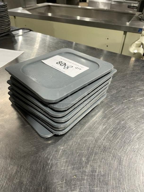 Vigor Commercial Gray Squared Food Storage Container Lids, stack of eight, in good condition, labeled with auction number 808.