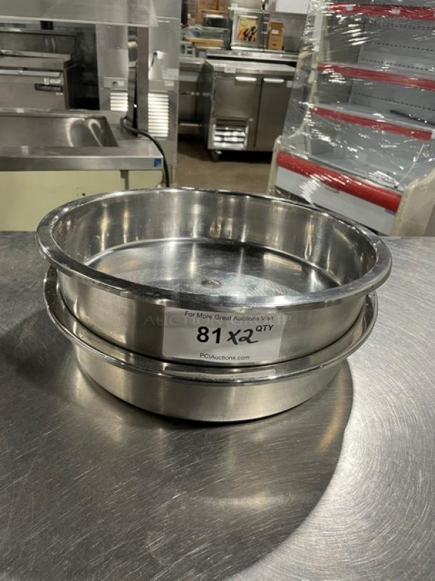 Commercial stainless steel round stacking baking pans, set of two, excellent condition, auction label reads "81 x2 qty".