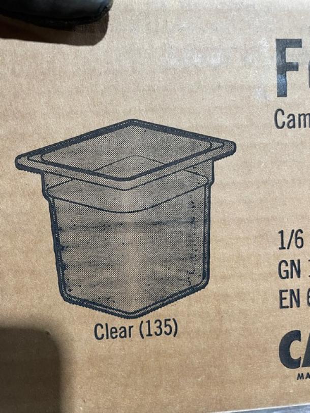 NEW Cambro Camwear Series clear polycarbonate food pans, 1/6 size, 6" deep, model 66CW135, 6 per case, commercial grade.