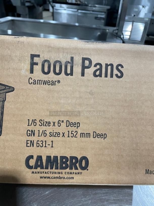 Cambro Camwear clear polycarbonate food pans, 1/6 size, 6" deep, model 66CW135, in packaging; six per case.