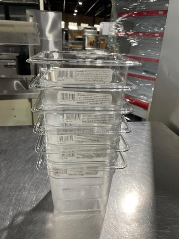 NEW Cambro Camwear 1/6 Size Clear Polycarbonate Food Pans, 6" Deep, Model 66CW135, 6 per case, new condition, labels visible.