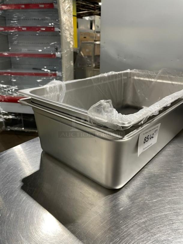 Choice 4070069 stainless steel full-size 6" deep hotel pan, new, with protective wrap and visible label showing item number 85.