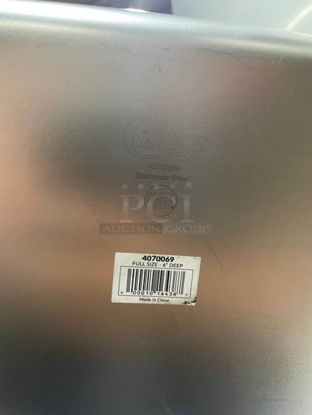 Choice commercial stainless steel full-size 6" deep steamtable pan, model 4070069. New condition; NSF certified.