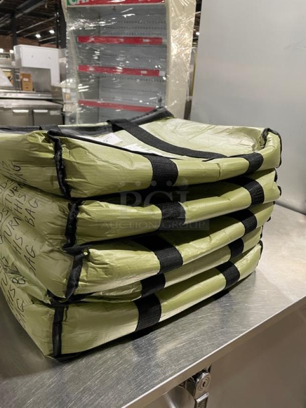 New green insulated commercial fast food delivery bags stacked, featuring sturdy black straps; durable for meal transport.