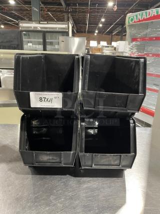 Commercial black countertop stackable condiment/utensil bin, four units, durable plastic, used condition, labeled "87X1 QTY".