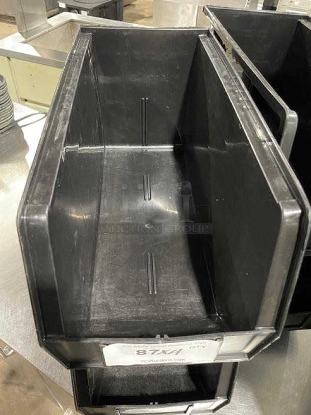 Commercial black countertop stackable condiment/utensil bin, durable plastic, excellent condition, item label "PCIAuctions.com".
