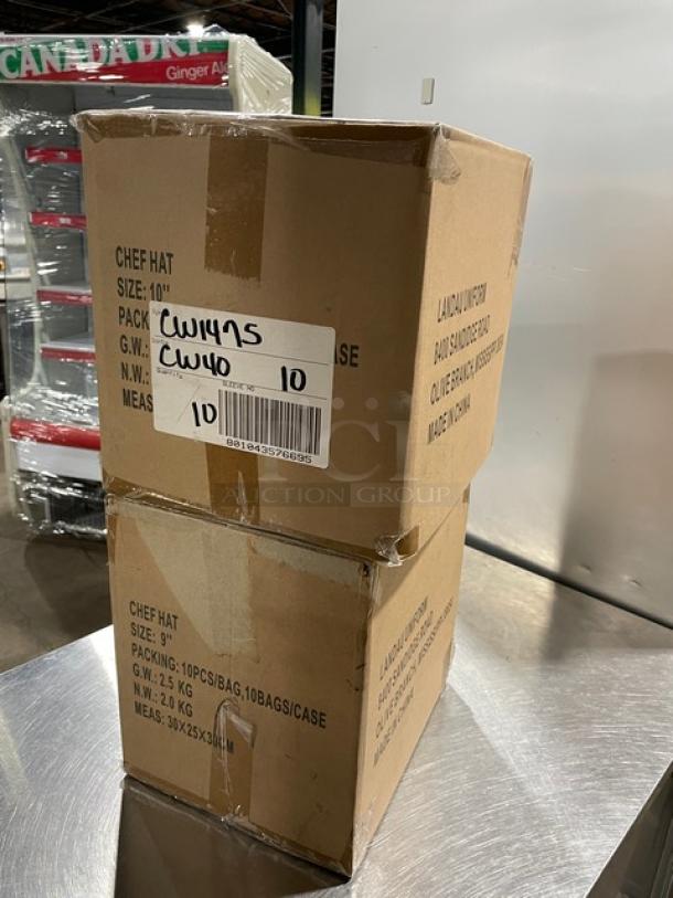 Landau Uniforms CW1475 chef hats in box. New, non-woven, 10" round. 100 hats per case. Box shows product details and barcodes.