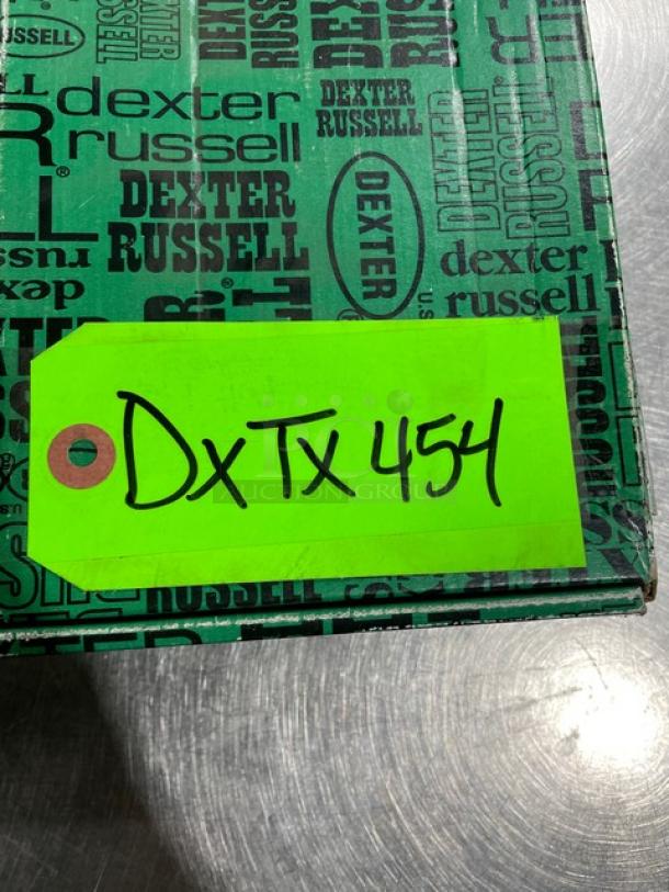 Dexter Russell Prodex Series knife box with neon tag marked "DxTx 454", featuring logo design.