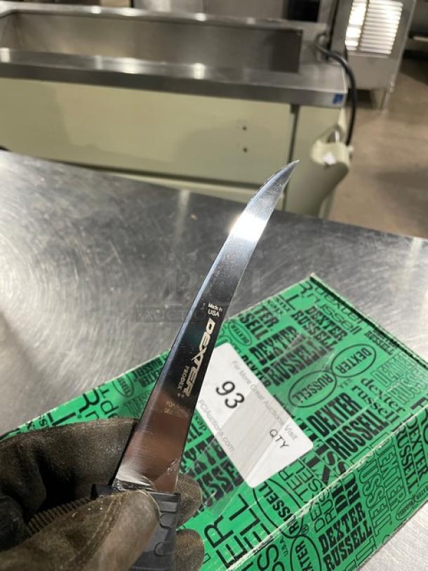 Dexter Russell Prodex Series commercial stainless steel knife, brand new, black grip handle, visible logo and markings.
