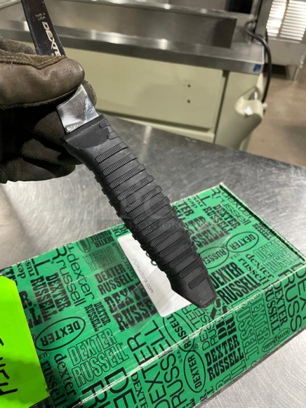 Brand new Dexter Russell Prodex Series stainless steel knife with black grip handle, shown with branding on box.
