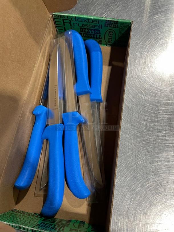 Brand new Dexter Russell Sani-Safe EP156HG boning knife set, stainless steel, blue grip handles, in original packaging.
