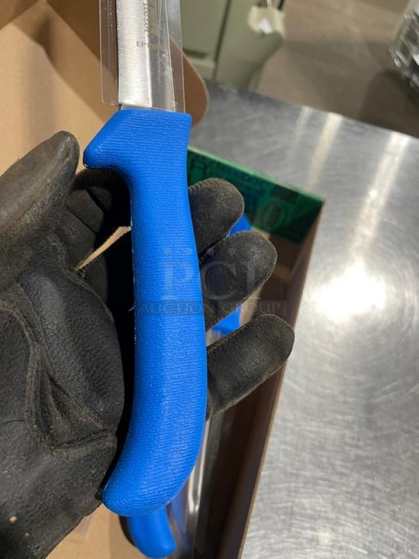 Brand new Dexter Russell Sani-Safe boning knife, model EP156HG, stainless steel blade, blue grip handle.
