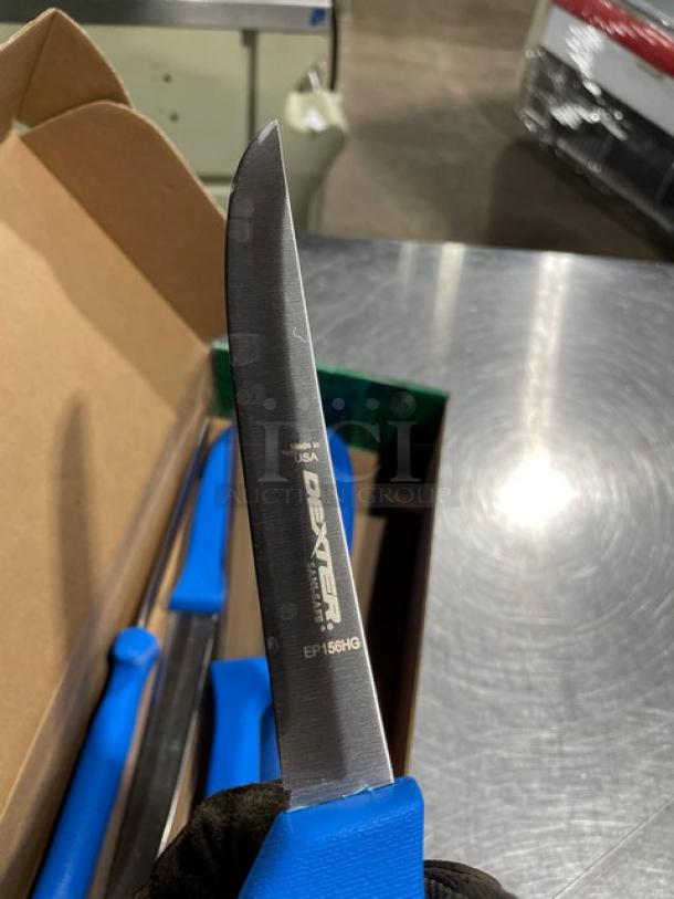 Brand new Dexter Russell Sani-Safe EP156HG boning knife, stainless steel blade, blue grip handle, commercial use.