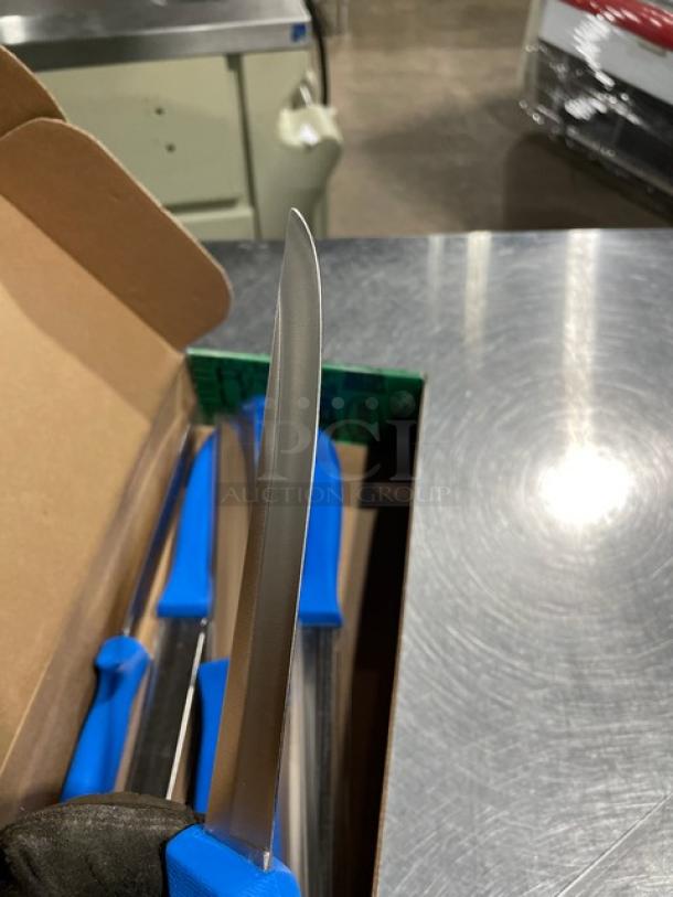 Brand new Dexter Russell Sani-Safe EP156HG boning knife with blue grip, stainless steel blade, in original packaging.