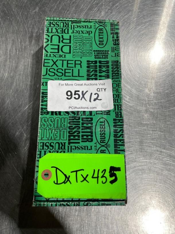 Brand new Dexter Russell stainless steel paring knife, green grip handle, box marked 95X12, auction code DxTx435.