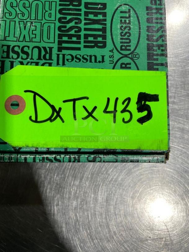Dexter Russell paring knife with green grip handle, commercial use, brand new in box. Marked "DxTx435."