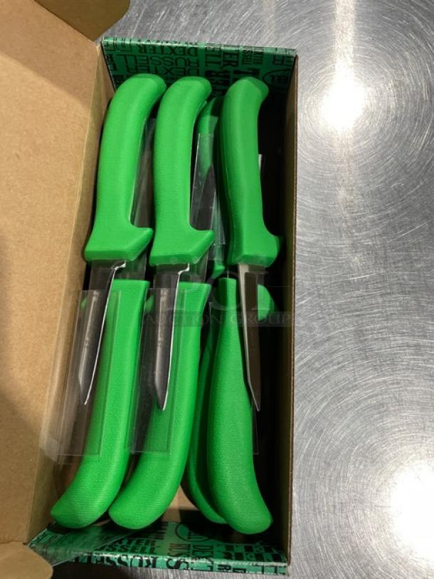 Brand new Dexter Russell stainless steel paring knives with green grip handles in box, set of 12.