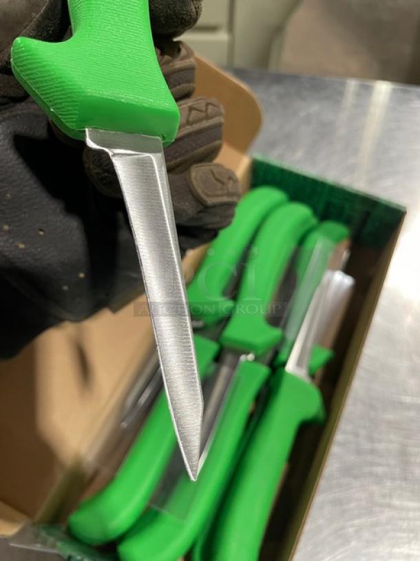 Brand new Dexter Russell commercial paring knife, stainless steel blade, green grip handle, box of multiple knives.