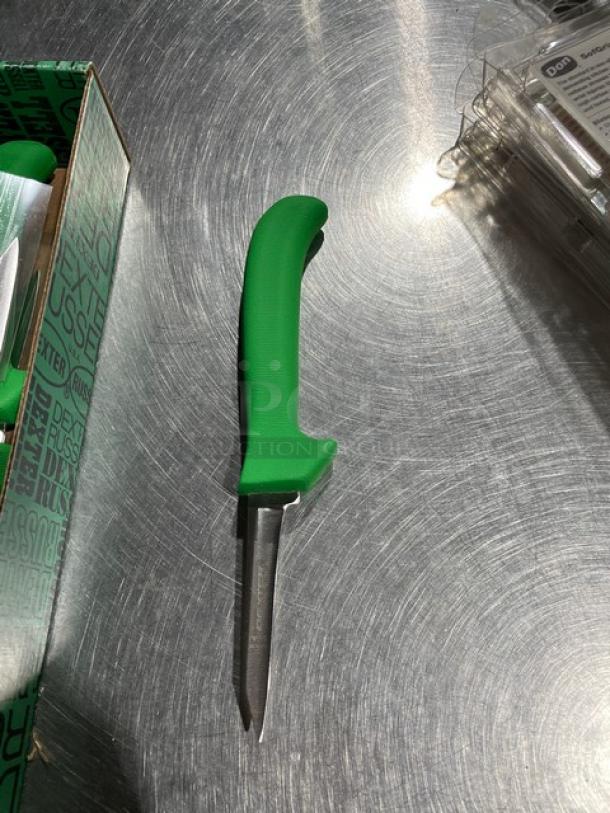 Dexter Russell paring knife, brand new, stainless steel blade with green grip handle.