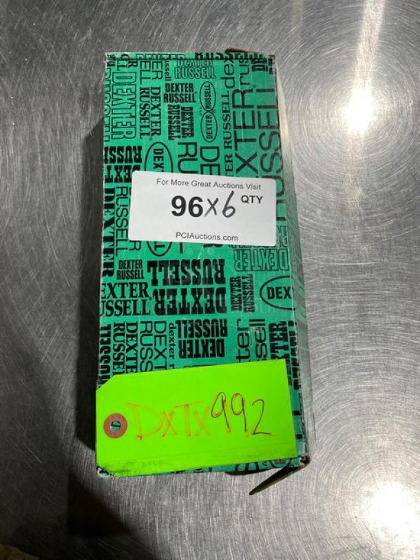 Brand new Dexter Russell Sani-Safe S174 pie knife, stainless steel, black grip handle. Box displays quantity and auction details.