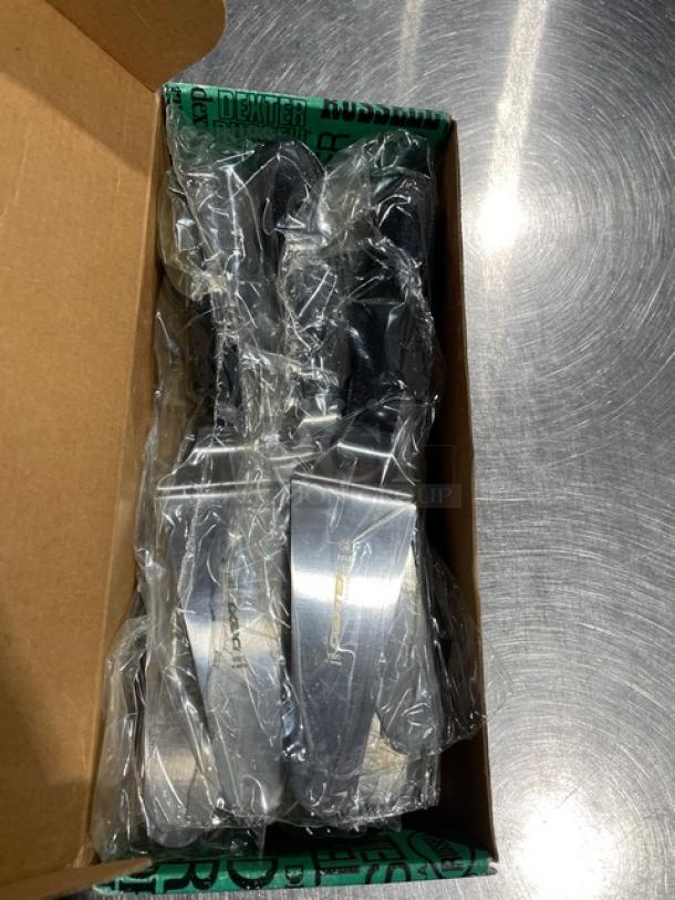 Brand new Dexter Russell Sani-Safe Series S174 stainless steel pie knife with black grip handle in packaging.