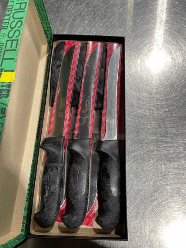 Dexter Russell SofGrip Series Heading Knives, Model SG114H, stainless steel, black grip handles, brand new in box.