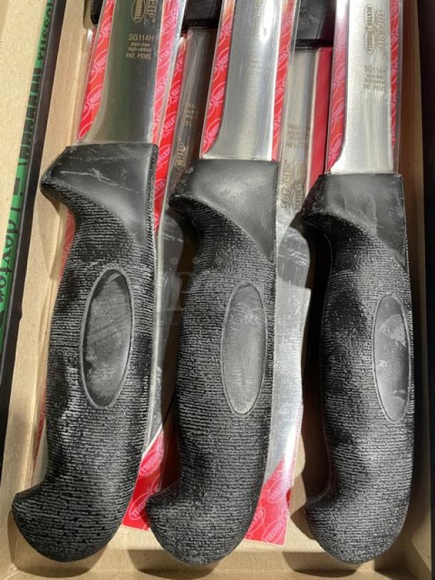 Dexter Russell SofGrip SG114H heading knives, brand new, black grip, stainless steel blades, visible model markings.
