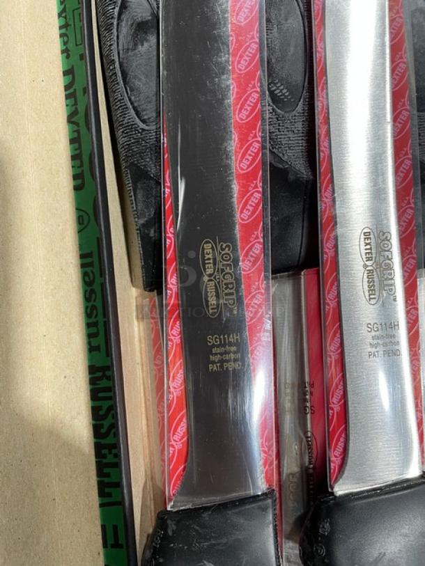 Dexter Russell SofGrip Heading Knife, Model SG114H; stainless steel, high-carbon blade, black grip handle, brand new.