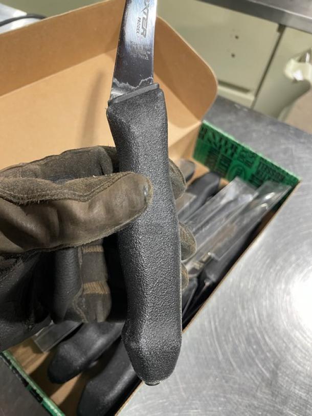 Brand new Dexter Russell Prodex Series boning knife, stainless steel, narrow curved blade, black grip handle, PDSH1316ST.