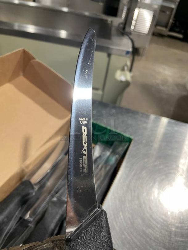 Brand new Dexter Russell Prodex boning knife, model PDSH131-6ST, stainless steel, narrow curved blade, black grip handle.