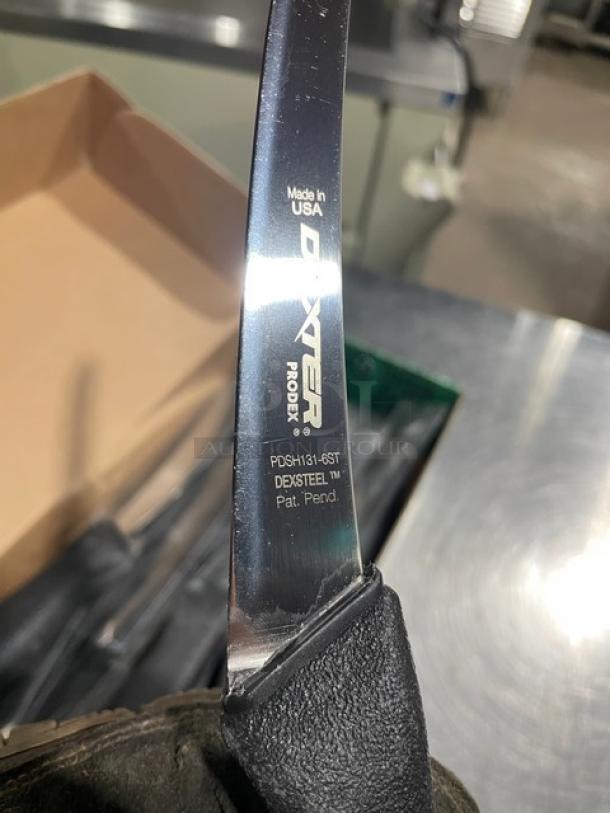 Brand new Dexter Russell Prodex PDSH131-6ST boning knife, stainless steel, narrow curved blade, black grip handle, USA made.