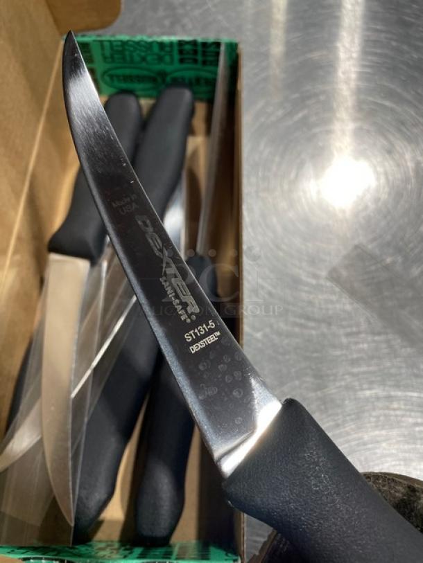Brand new Dexter Russell Sani-Safe Series boning knife, model ST131-5, with black grip handle and stainless steel blade.