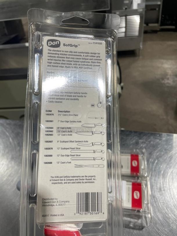 Brand new Don SofGrip Series 6" scalloped utility knife, model 1141930. Stainless steel, gray grip handle, in packaging.