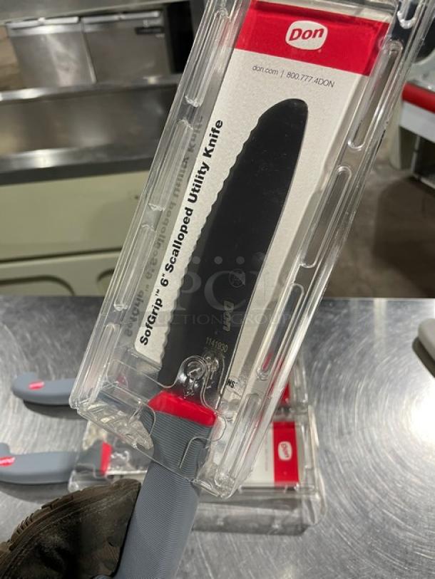 Brand new Don SofGrip 6" scalloped utility knife, model 1141930, with gray grip handle, in original packaging.