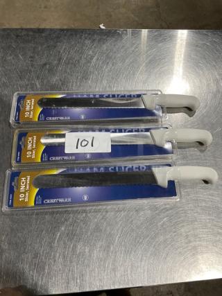 Crestware KN51 10" ham slicer, German steel, serrated blade, white grip handle, brand new in packaging, set of three.