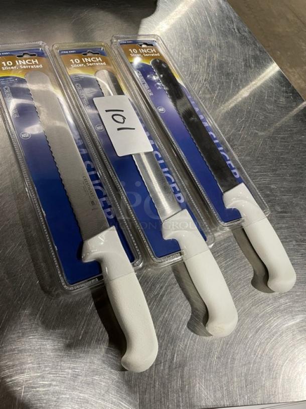 Brand new Crestware KN51, 10" German steel serrated ham slicer with white grip handle, in its original packaging.