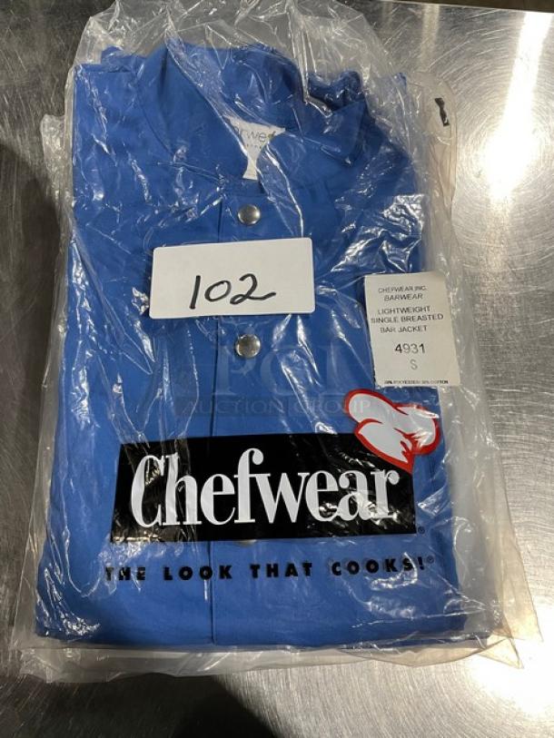 Brand new Chefwear blue bar jacket, model 4931, size small, in original packaging with branding and model tag.