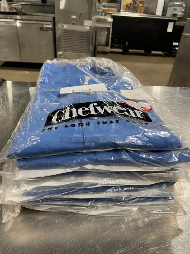 Brand new Chefwear 4931 lightweight blue bar jacket, size small. Single-breasted design, packaged in original wrapping.