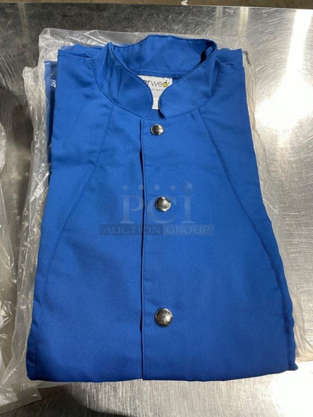 Brand new Chefwear 4931 blue bar jacket, size small, lightweight, single-breasted with silver buttons.