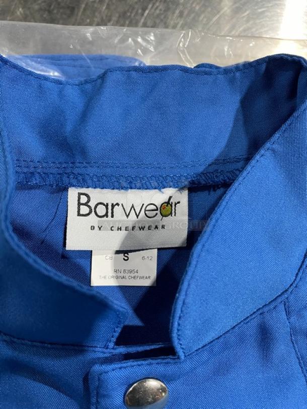 Brand new Chefwear Model 4931 blue bar jacket, size small, lightweight, single-breasted, with label.