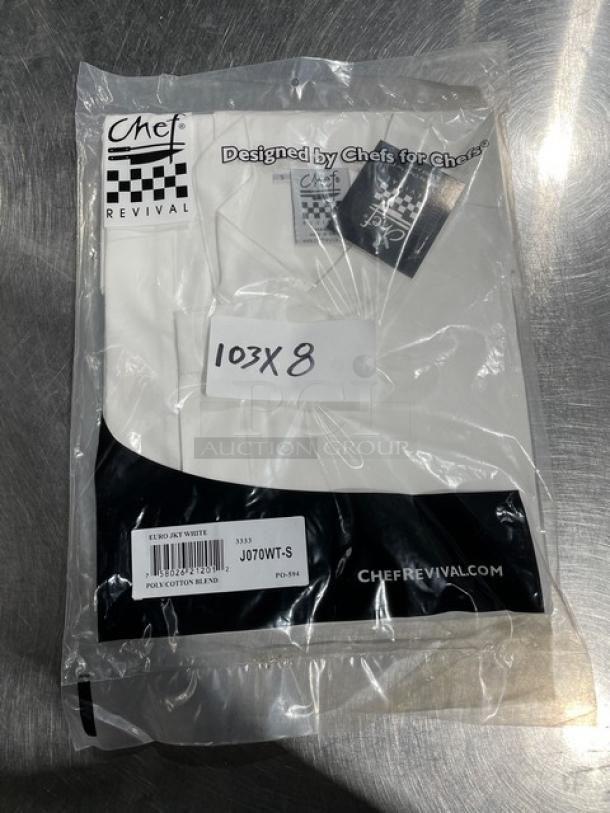 Chef Revival commercial white poly/cotton blend chef jacket, model J070WT-S, new in packaging, tags and labels visible.