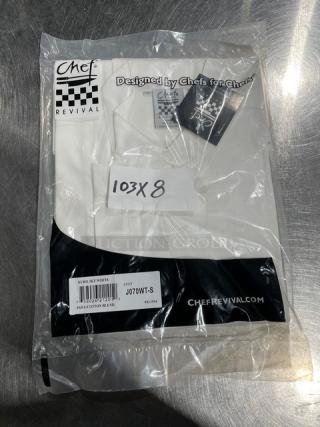Chef Revival commercial white poly/cotton blend chef jacket, model J070WT-S, new in packaging, tags and labels visible.