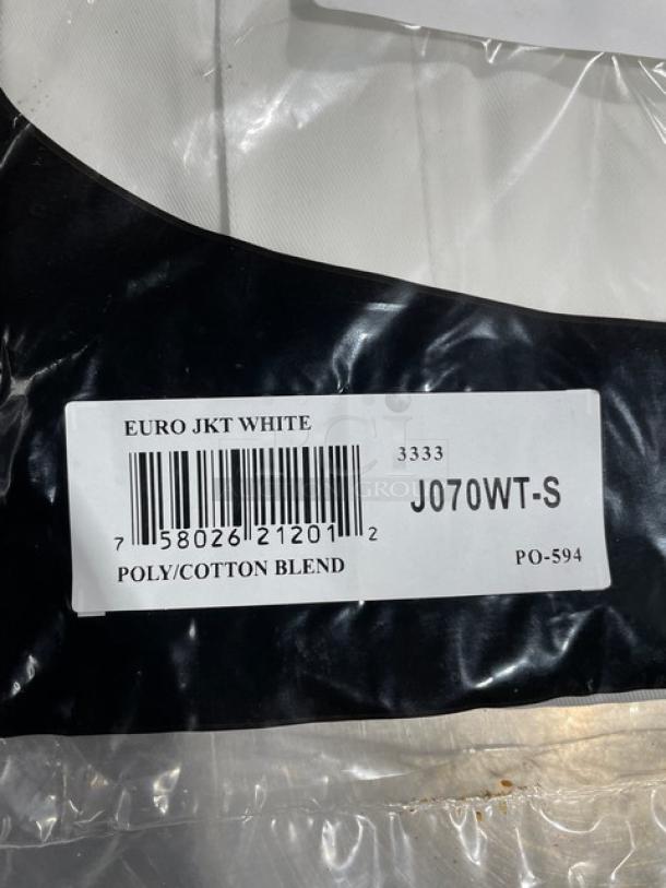 Brand new Chef Revival J070WT-S white poly/cotton blend chef jacket in packaging with label showing model and material.