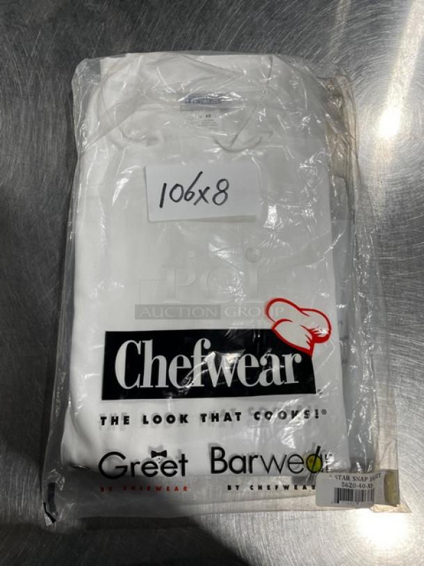 BRAND NEW! Chefwear Commercial White XS-Size 4 Star Snap Chef Jacket, Model 5620-40-XS, in original packaging.