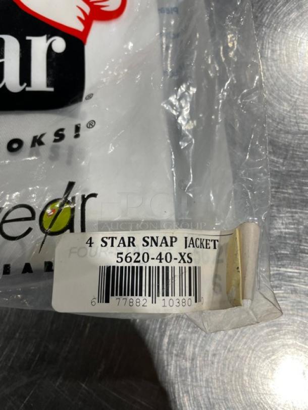 Brand new Chefwear 4 Star Snap Chef Jacket, Model 5620-40-XS, in original packaging. White, XS size.