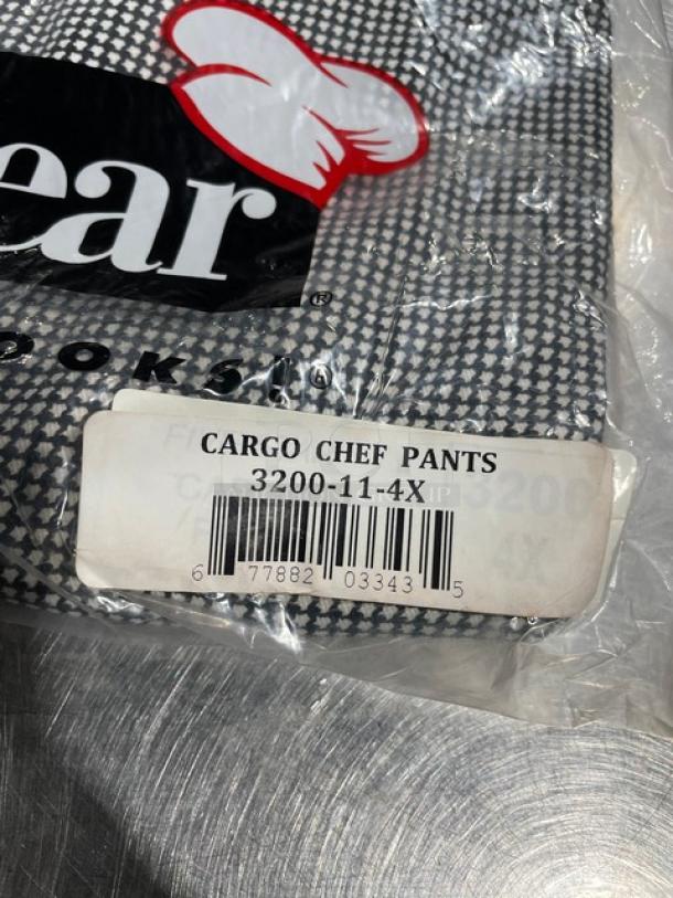 Brand new Chefwear cargo style chef pants, model 3200-11-4X, in original packaging with visible label and barcode.