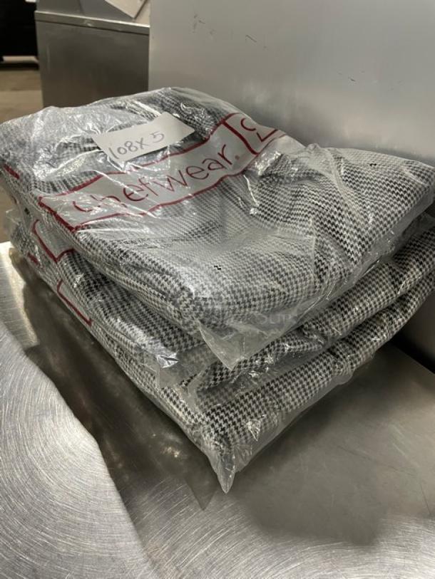 Brand new Chefwear CW11 3X-size chef pants in sealed packaging. Houndstooth pattern. Includes five pairs.
