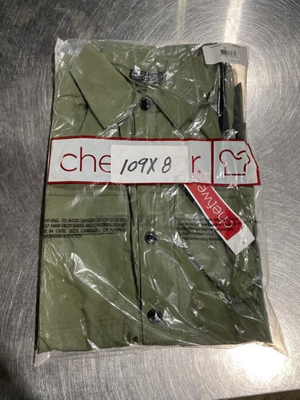 Brand new Chefwear CW214 green medium-size chef shirt, packaged with tags.