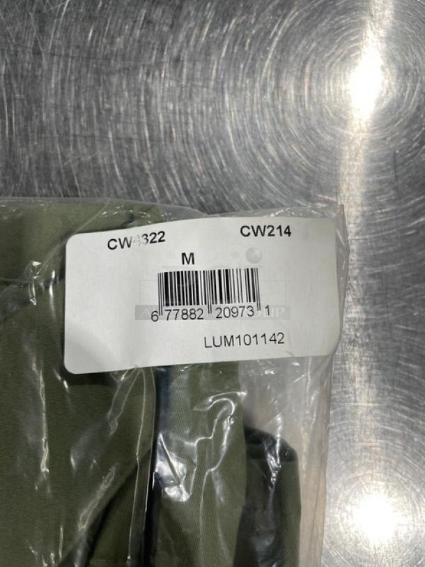 Brand new Chefwear CW214 green medium chef shirt in package, barcode visible.